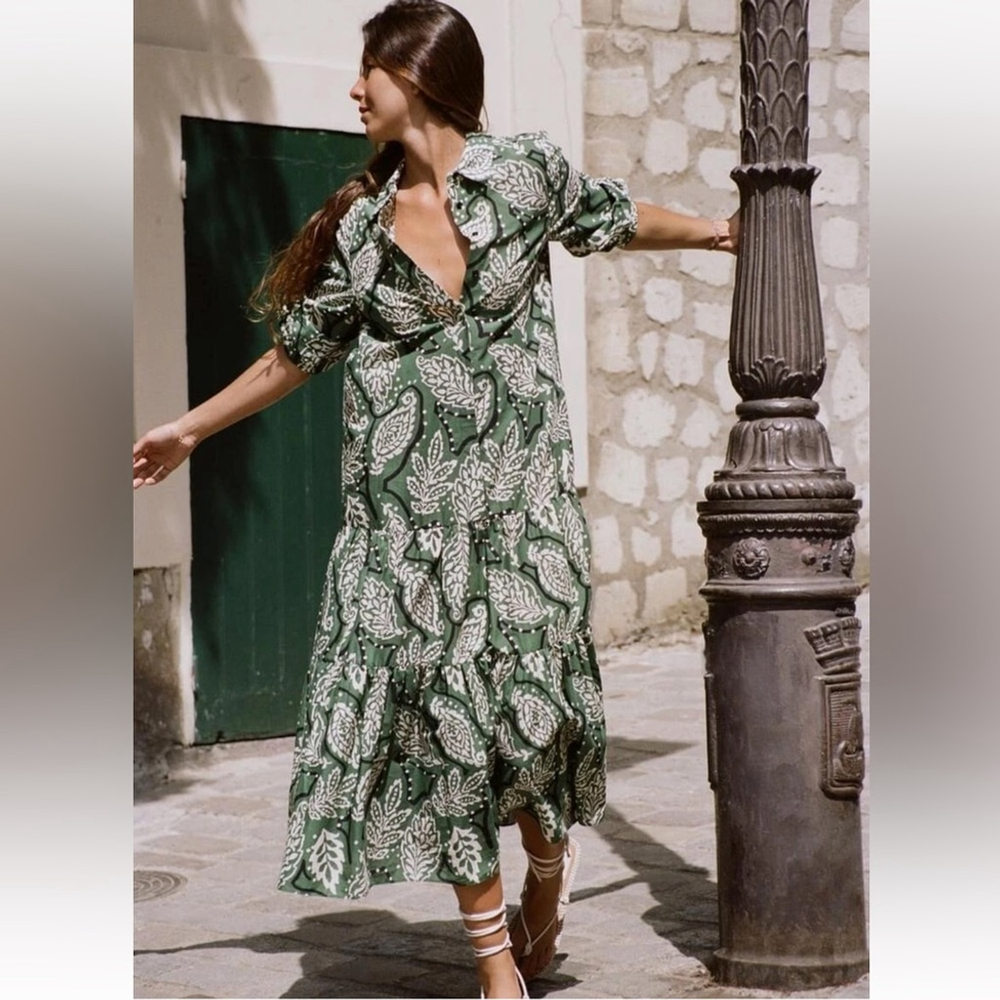zara bloggers favourite Green Leaf Print Maxi Dress cotton xs